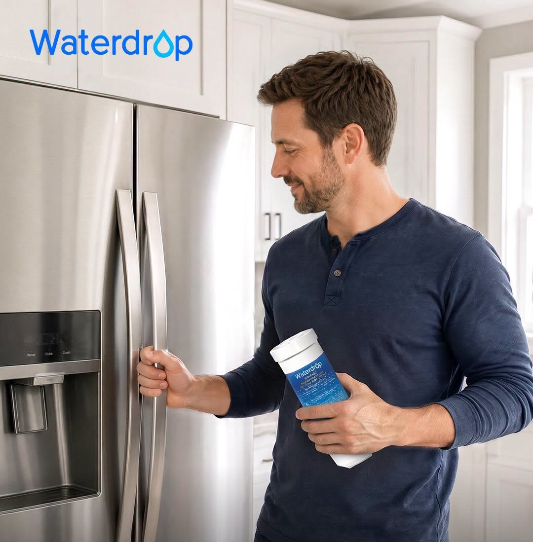 Waterdropfilter water pitcher with filter-life indicator on a countertop